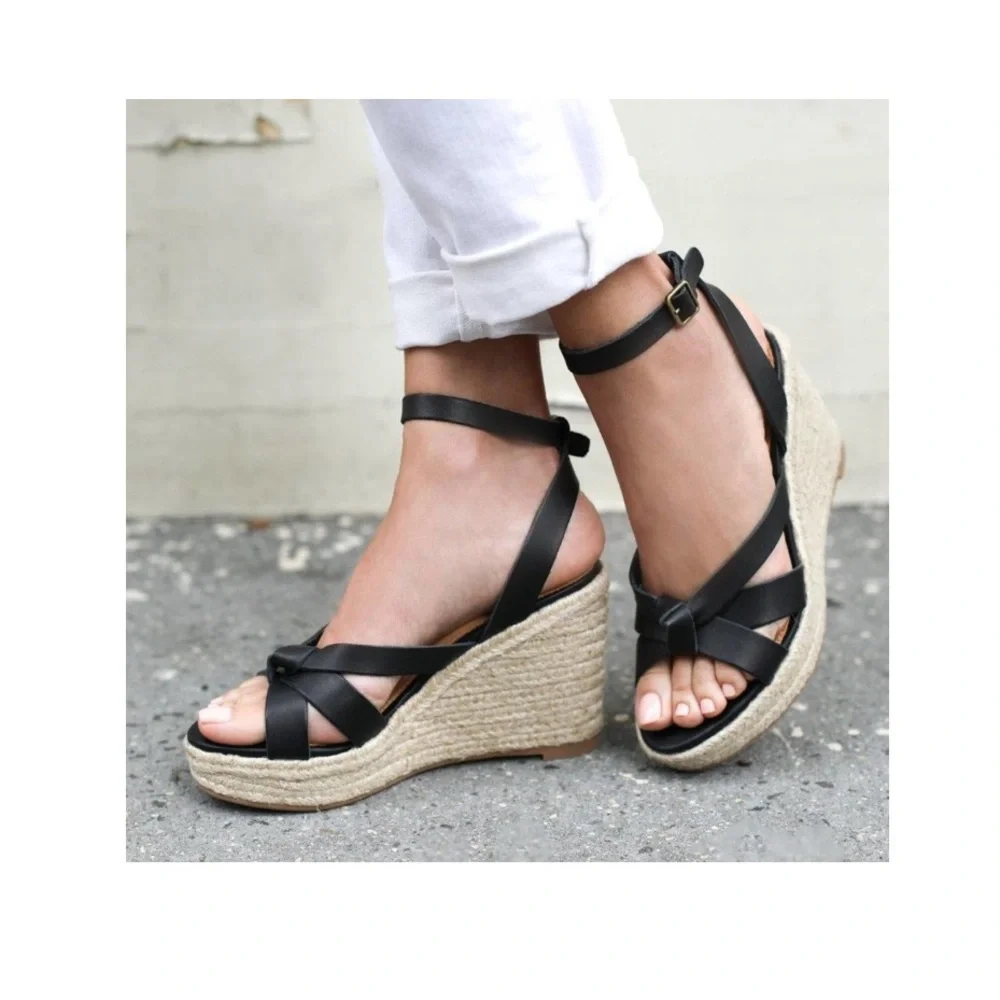 Soludos Black Leather Espadrille Wedge Sandals - Size 7 (NWOT)